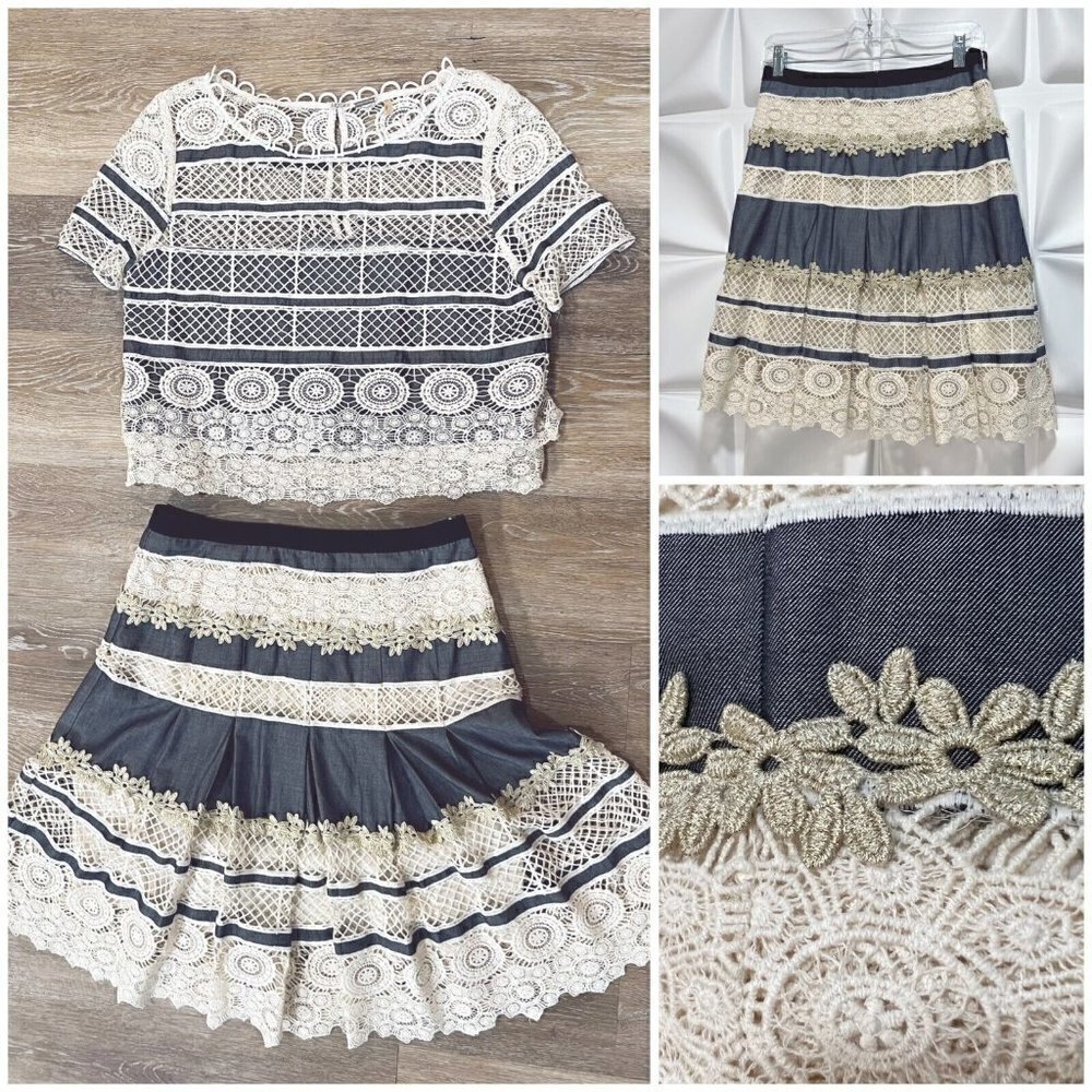 Elie Tahari Sz S 4 Cropped Crochet Lace Chambray Ivory Blue Skirt Top 2pc Set
